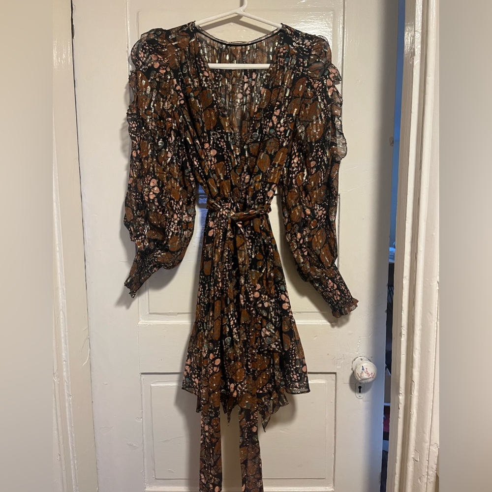 Ulla Johnson 4 Natalia silk long sleeve brown gold  dress lurex boho romantic - Picture 4 of 8
